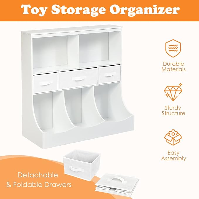 HONEY JOY Kids Toy Storage Organizer with Bookcase, 8-Cubby Organization Cabinet w/Display Shelf & 3 Removable Fabric Bins, Wooden Toy Storage Unit for Playroom, Nursery, Daycare (White)