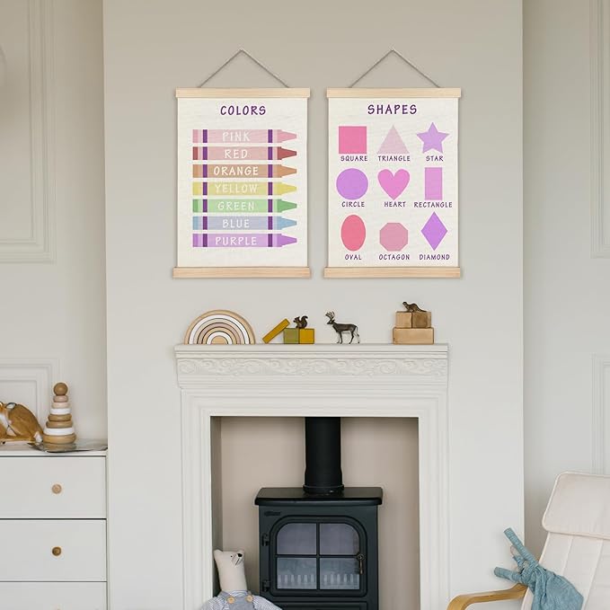 Supwhd Shapes Colors Posters for Classroom Wall, Shapes Colors Learning Poster Hanger Frame Wall Decor for Classroom Nursery Kids Room Playroom Preschool Decor, 12x16 Set of 2（Purple）