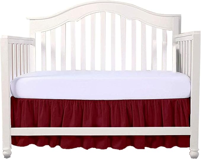 Crib Bed Skirt 28” x 52” with 14” Drop – Split Corners Dust Ruffle, Microfiber - Breathable, Durable, Elastic Adjustable Fit, Soft Nursery Bedding for Baby Boys & Girls, Burgundy Solid