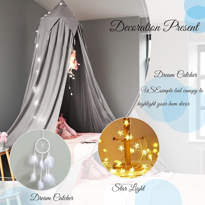 Akiky Toddler Bed Canopy for Kids with Lights,Princess Dream Catcher for Girls Reading Nook Bed Tent for Toddlers Boys,Adults,Bedroom Decor(Gray)