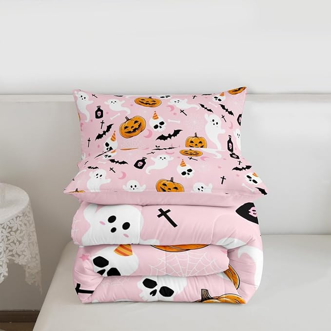 Erosebridal Pink Halloween Comforter Set Cute Ghost Bedding Set Twin Size,Spooky Pumpkin Bat Decor Quilt for Kids Boys Girls Adults Vintage Halloween Decorations Down Comforter