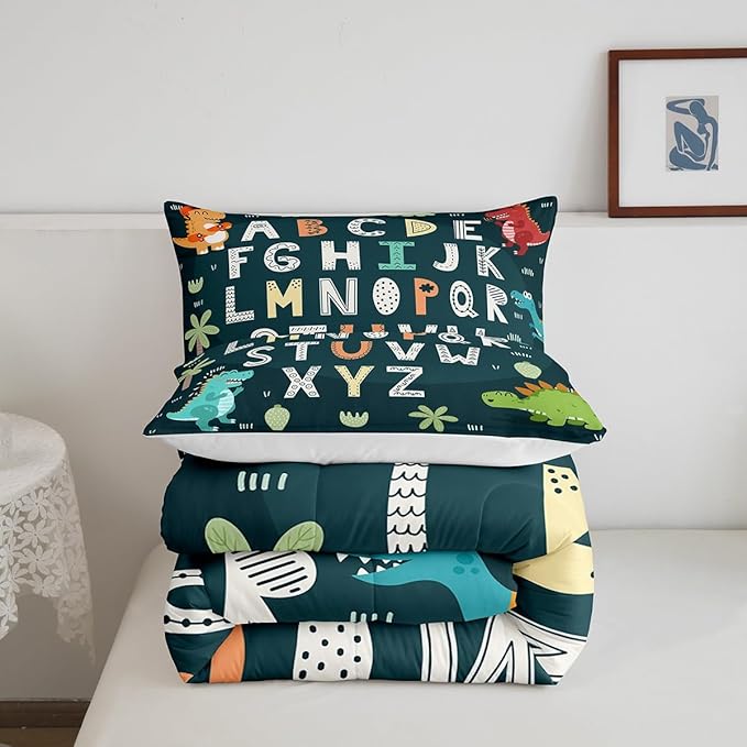 Feelyou Alphabet Kids ABC Learning Bedding Set King Size, Cartoon Dino Comforter Kids Educational Nursery Art Comforter Set for Boys Girls Jungle Dino Duvet Set Durable Bed Set 3Pcs