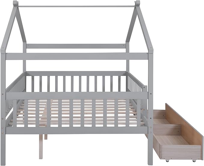 Merax Full Size Wooden House Bed with Two Drawers, Wood Bed Frame with Roof and Safety Guardrail for Kids, Teens, Boys or Girls, Gray