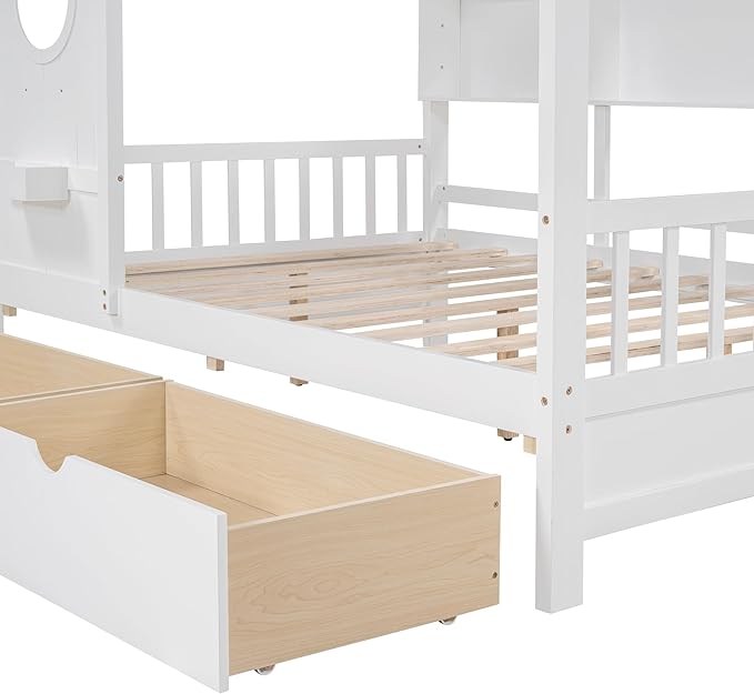 Modern Full Size House Bed with Roof and Window, Wooden Daybed Frame with Shelves and 2 Drawers,Bedroom Furniture for Girls & Boys (White+2 Drawers*)
