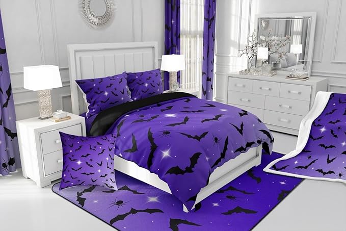 Erosebridal Bat Comforter Set Twin Size for Kids Galaxy Glitter Bedding Set with 1 Pillow Case Happy Halloween Quilt Gothic Spooky Down Comforter Purple and Black