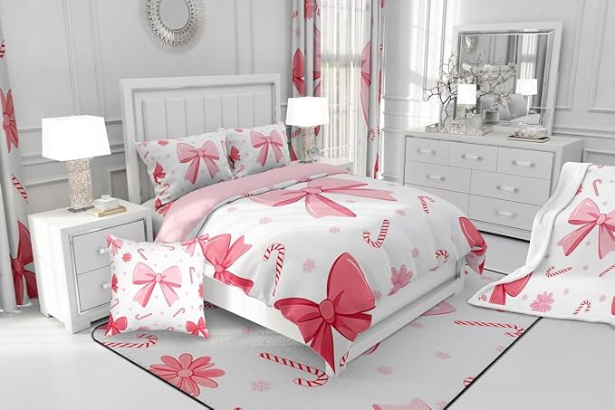 Feelyou Pink Bowknot Comforter Set All Season Christmas Candy Cane Snowflake Bedding Set with 2 Pillow Cases Cute Bow Microfiber Kids Queen Bedclothes Dreamy Princess Style Bedroom Decor Duvet Quilt