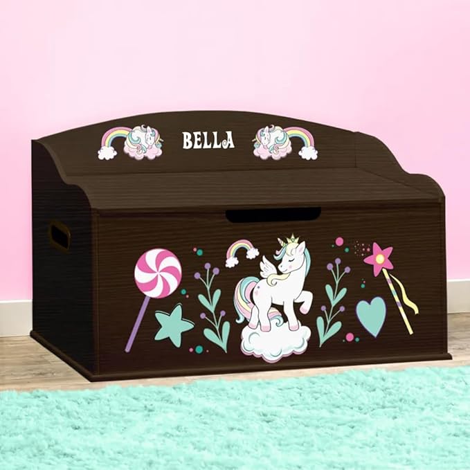 DIBSIES Personalized Creative Wonders Toy Box, Unicorns & Rainbows, 30 x 19.25 x 18 inches, Soft-Close Lid (Espresso)