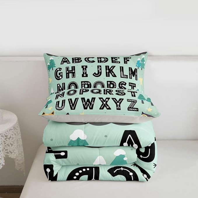 Feelyou Alphabet Kids ABC Learning Comforter Set All Season Cute Fox Bedding Set with 2 Pillow Cases Educational Nursery Art Microfiber Kids King Bedclothes Woodland Animals Bedroom Decor Duvet Quilt