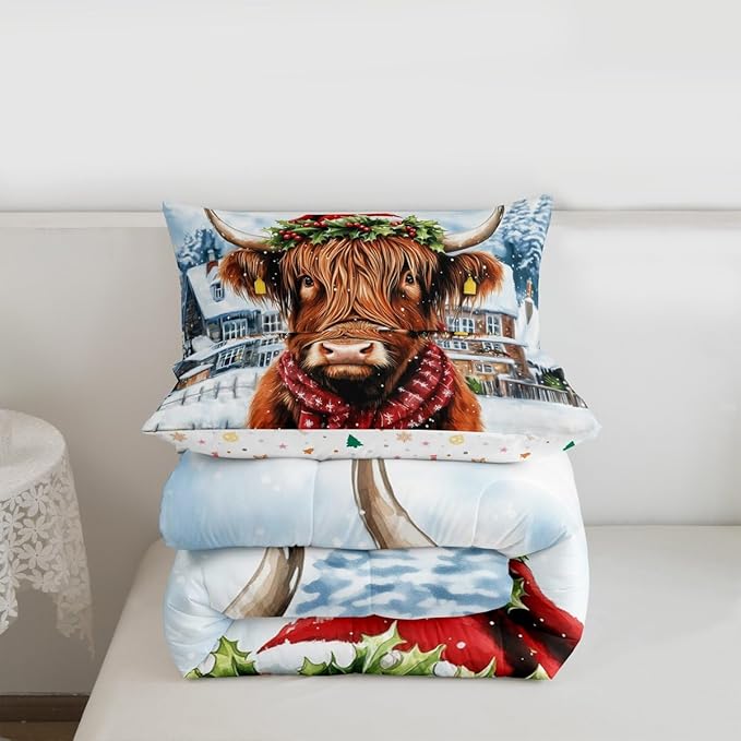 Feelyou Merry Christmas Bedding Set Soft for Boys Girls, Highland Cow Comforter Set Queen Size Snowflake Duvet Quilt Microfiber Winter Bedroom Decor 3 Pcs with 2 Pillow Cases
