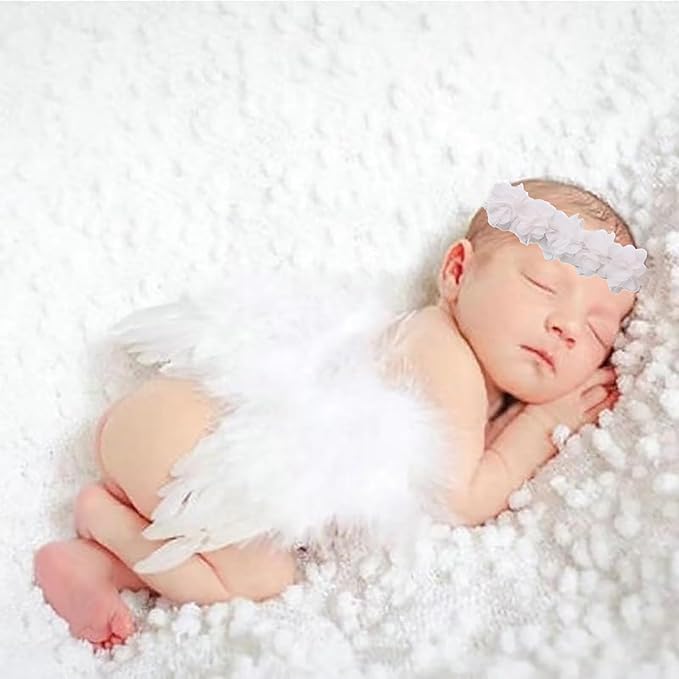 2PCS White Angel Wings With Flower Headband For Newborn Infant Photography Props Soft Fairy Feather Wings For Toddlers Kids Girls Gifts(Color B, One Size)
