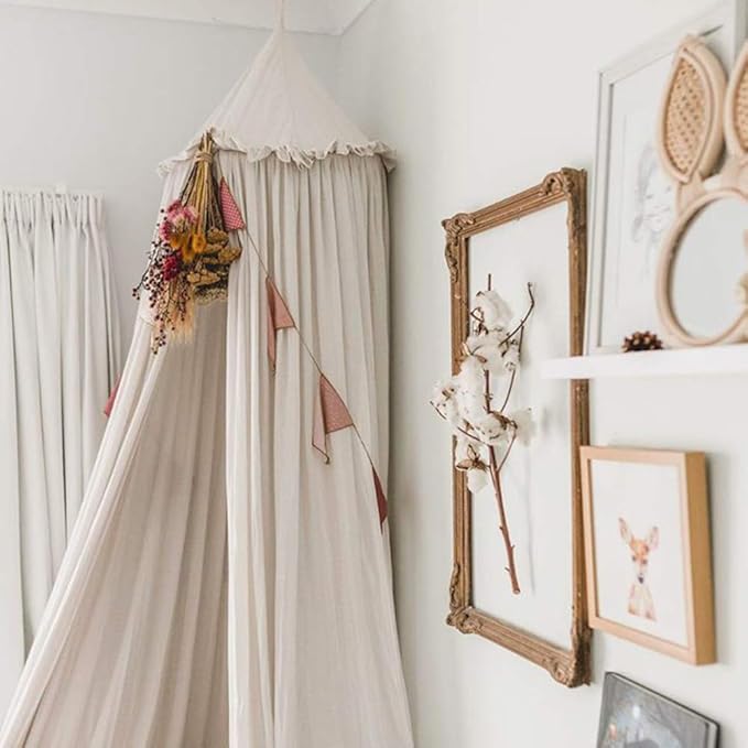 MAMERIA Kids Bed Canopy with Frills Cotton Hanging Tent Curtain Net for Reading Nook Hideaway Bedding Play Room Decor (Beige)