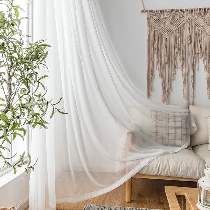 Off White Sheer Curtain Extra Long 144 Inches 1 Panel, Thin Textured Linen Look Floor to Ceiling Drapes, Rustic Ivory See Through Sheers, DIY Pinch Pleat Sliding Glass Door Curtain