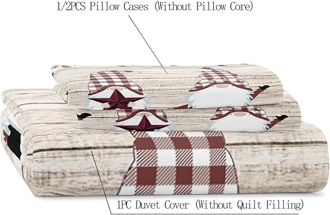 LUVIVIHOME 3PCS Christmas Gnome Duvet Cover King Bedding Set, Primitive Country Rustic Farmhouse Bedding, Holly Berry Star Red Buffalo Plaid Checkered Comforter Bedspread Quilt Cover, 2 Pillow Shams