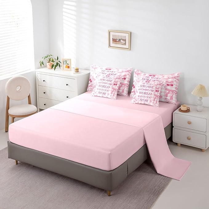 7 Pieces Pink Bowknot Kids Comforter Set King,Cherry Star Daisy Flowers Princess Bedding Set,Bow Tie Geometric Plaids Cute Dreamy（Comforter+Fitted+Flat Sheet+2 Pillowcases+2 Throw Pillow Covers）