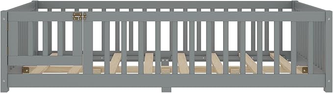 Harper & Bright Designs Full Floor Bed with Safety High Fence, Wood Montessori Bed with Door, Full Size Floor Beds with Solid Wood Support Slats for Boys, Girls, Kids, Gray