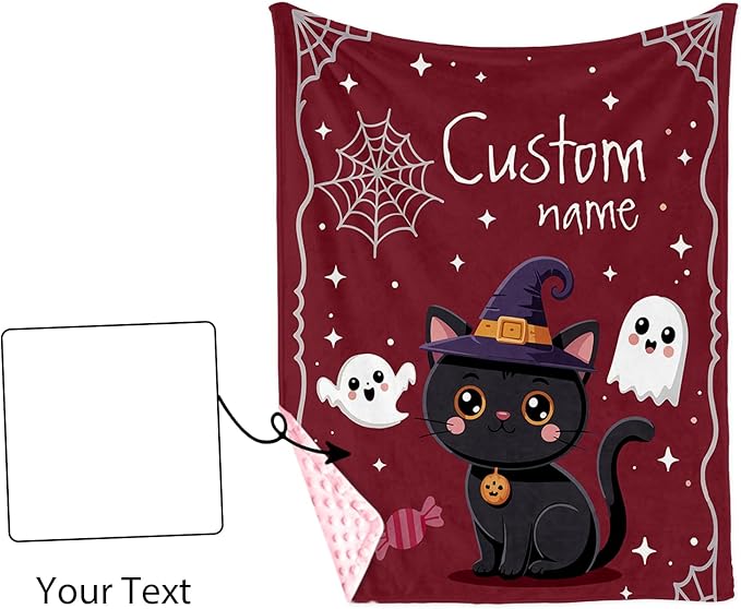 Personalized Halloween Blanket for Girls, Custom Baby Blanket with Name, Cute Cat Theme Soft Minky Dot Blanket, Halloween Decor Christmas Birthday Gifts for Kids Toddlers