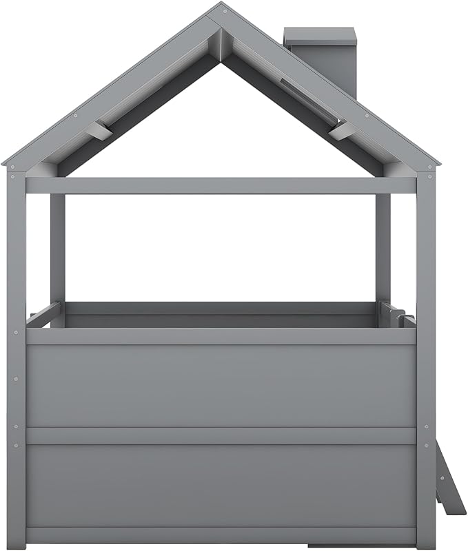 Merax Full Size Wood House Bed Frame with Full-Length Fence and 4 Storage Drawers, Kids Playhouse Tent Bed with Roof and 2-step Ladder for Children Boys Girls Teens Bedroom, No Box Spring Needed, Gray