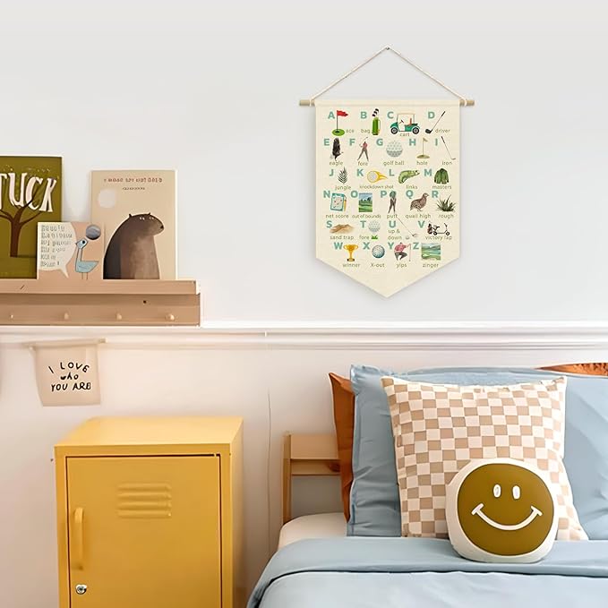 Boy Nursery Decor, Golf Nursery Decor for Boys Room, Classroom Decor Canvas Banner, ABC Letters Nursery Wall Art Canvas Hanging Pennant Flag Banner 15x11in