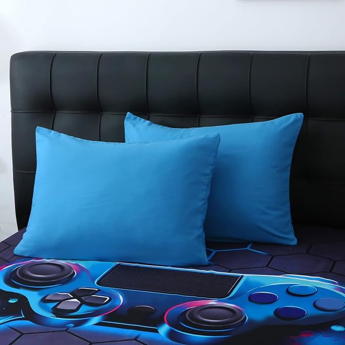 Wajade Game Console Comforter Set for Boys 7 Piece Blue 3D Gaming Geometric Bedding Sets for Kids Full Size as Birthday with Comforter, Sheet Set, Pillowcase and Sham