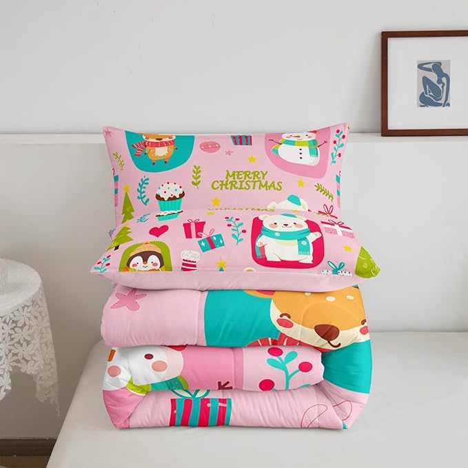 Erosebridal Christmas Cartoon Bedding Set for Kids Cute Snowman Bear Comforter Set Full Size Xmas Tree Deer Elk Reversible Quilts Kawaii Penguin Animal Duvet Insert Room Decor