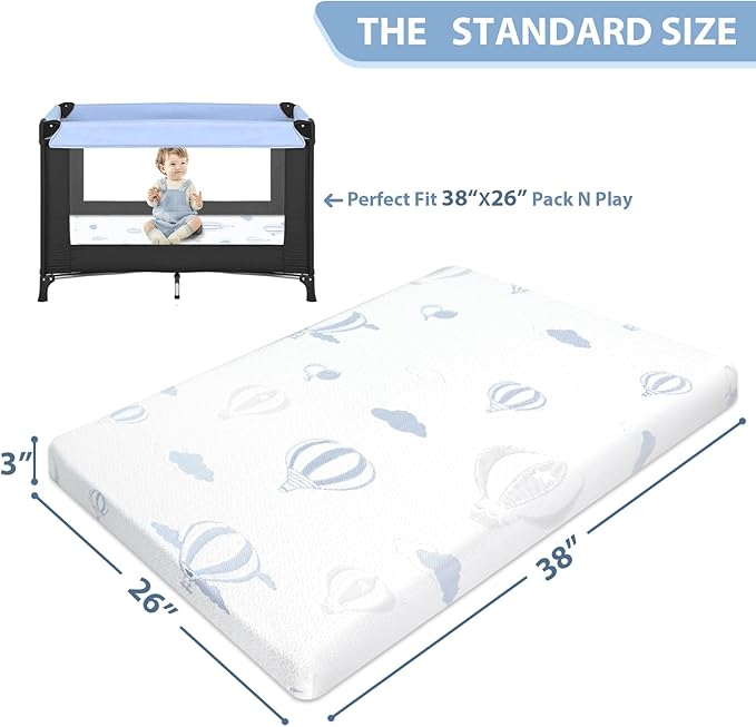 Pack and Play Mattress - 38"x26" Pack N Play Mattresses Pad with Breathable Removable Cover - Dual-Sided Memory Foam Foldable Portable Baby Crib Mattress, Balloon