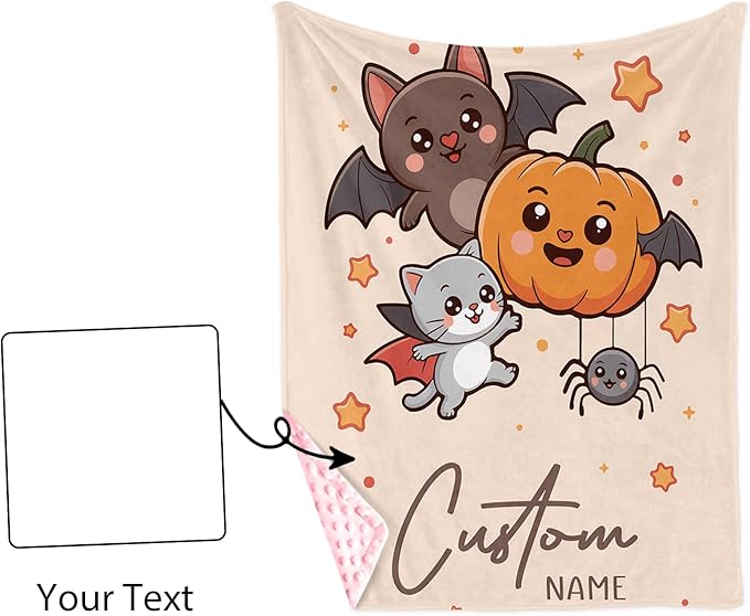 Personalized Halloween Blanket for Baby Boys Girls, Custom Baby Blanket with Name, Pumpkin Bat Pattern Soft Minky Dot Blanket, Halloween Decor Christmas Birthday Gifts for Kids Toddlers