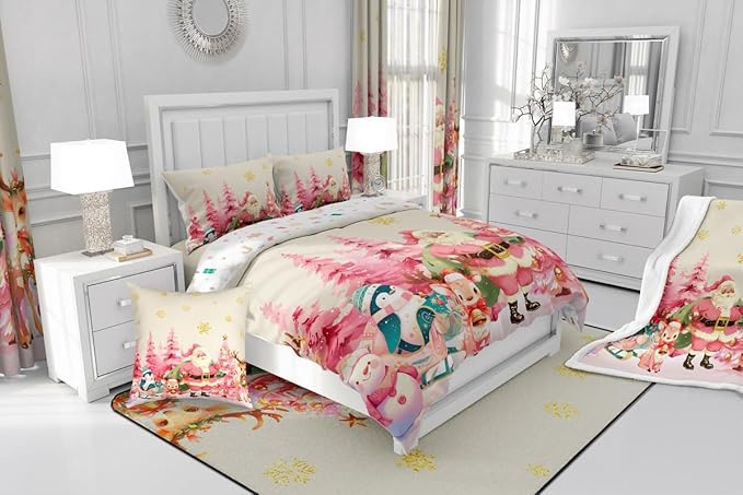 jejeloiu Merry Christmas Comforter Set Twin Size Santa Claus Bedding Set for Kids Boys Girls Cute Deer Duvet Quilt Beige Bedroom Decor