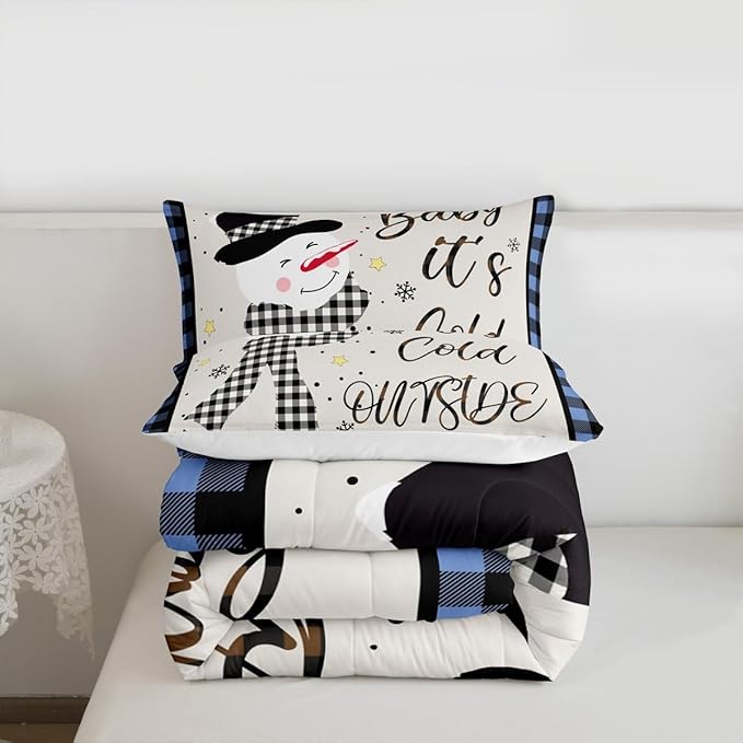 Christmas Snowman Kids Comforter Set Full Size,Snowflake Christmas Holiday Bedding Set,Girls Boys Adults Xmas Decor,Geometric Grids Lattices Down Comforter,Blue Rustic Duvet Insert,2 Pillowcases