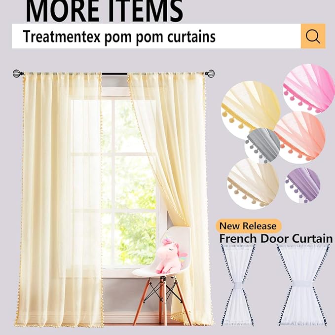Treatmentex Pompom Sheer Curtains for Living Room 72" Lilac Window Drapes Lavender Voile Curtain for Girls' Room 2panels Rod Pocket
