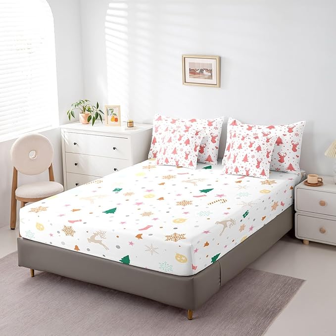 Merry Christmas Bed in a Bag for Boys Girls Deer Silhouette Antler Cute Wildlife Bed Set Xmas Tree Snowflake Comforter Set with Sheets Pink Bedding Set Bedroom Collection Full Size