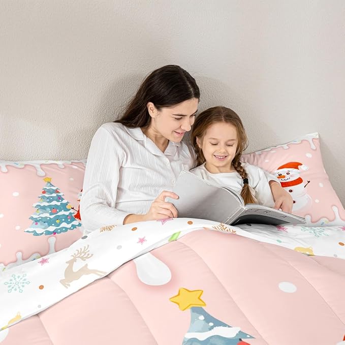 Castle Fairy Cartoon Christmas Full Size Comforter Set,Xmas Cute Snowman Pine Trees Bedding Comforters Bedroom Collection,Pink Cream Candy Girly Funny Bedding Set for Girls Teens