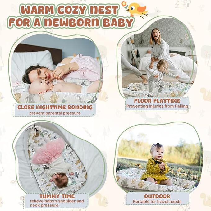 JIFTOK Baby Nests Lounger for Newborn, Snuggle Sleeping Bassinet for 0-24M, Breathable Portable Co Sleeping Bed, Baby Essentials Adjustable Infant Soft Cotton Loungers for Home & Travel -Zoo