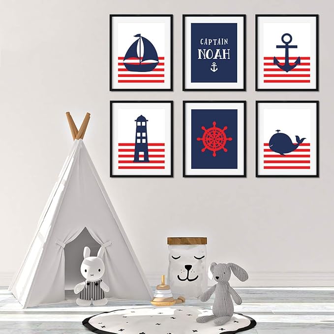 Andaz Press Personalized Ocean Nautical Sailor Theme Nursery Kids Bedroom Hanging Wall Art Decor, 8.5x11-inch, Red Stripes, Boat, Anchor, Lighthouse, 6-Pack, Custom Unframed Room Poster
