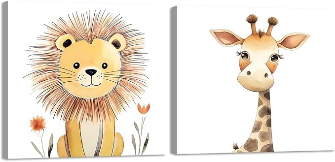 Baby Animal Framed Canvas Wall Art Set of 2 - Cute Baby Lion Giraffe Paintings Posters Woodland Animals Pictures Prints for Kids Room Bedroom Decor(Artwork-03, 16"x16"x2P)