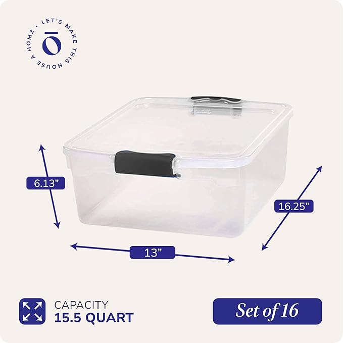 HOMZ 16-Pack Secure Latch, Clear Plastic Storage Organizer Bins, 15.5 Quart, Gray - Stackable Container Boxes for Bedroom, Bathroom, Garage, and Office Organization