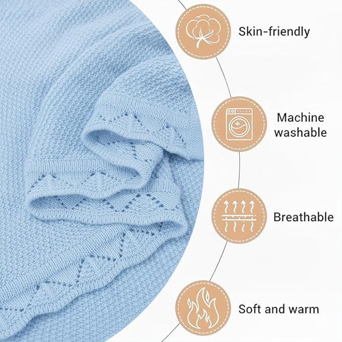 Baby Knit Blanket Soft Breathable Cotton Scallop Border Blankets Newborn Knitted Blanket Swaddle Blankets Gifts for Baby Newborn Toddler Shower Boy Girl New Mom Birthday Christmas Blue 30x40