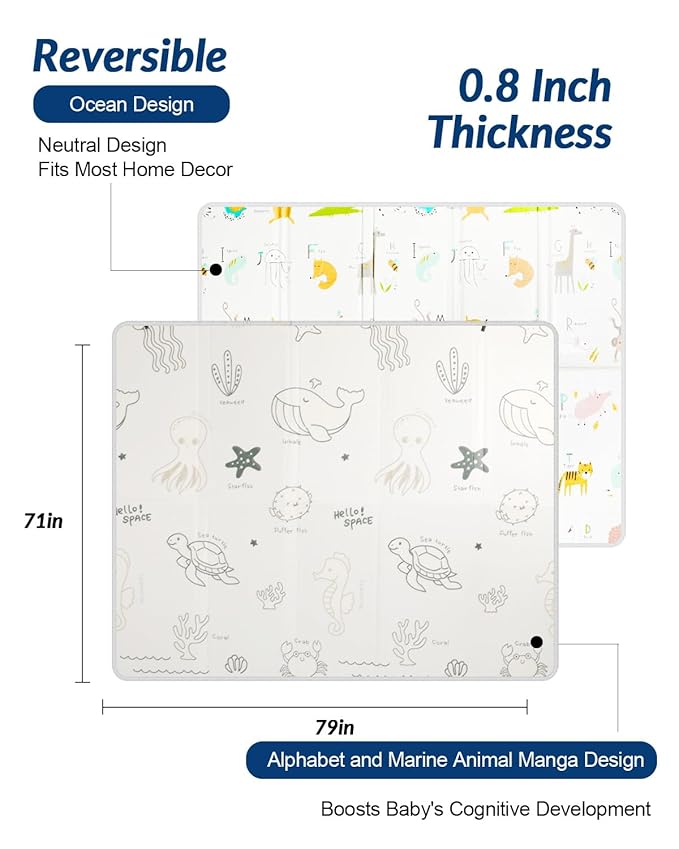 79x71 Baby Play Mat Foldable, Thick 0.8 Inch XPE Foam Waterproof, Extra Large Crawling Mat for Floor Kids Infant Training Non-Slip Reversible