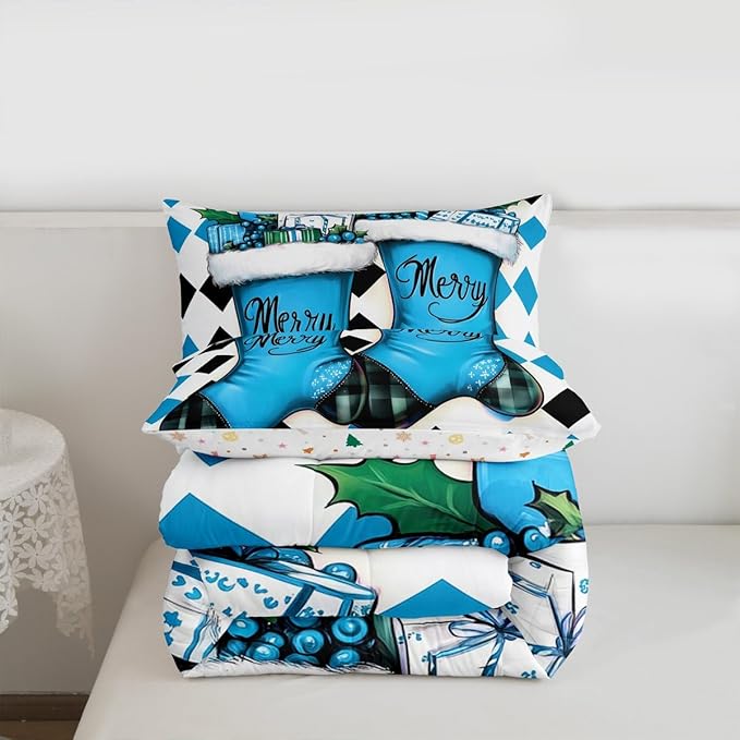 Feelyou Merry Christmas Kids Comforter Set Toddler Size Cartoon Shoes Bedding Set Duvet Quilt for Kids Boys Girls Bedroom Winter Decor Microfiber Ultra Soft Breathable