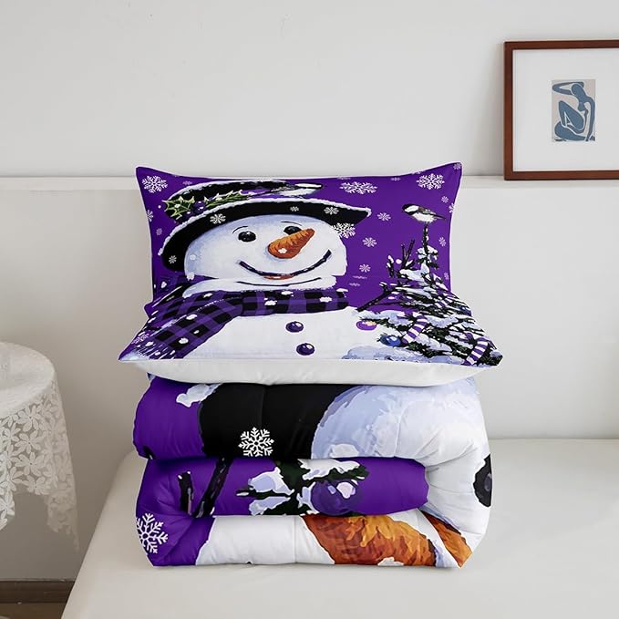 Feelyou Kids Christmas Theme Decorations Bedding Set Xmas Snowman Comforter Set for Boys Girls Snowflake Kawaii Cute Purple Bedroom Collection King Size