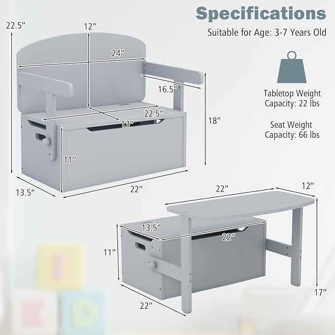 HONEY JOY Kids Table and Chair Set, 3-in-1 Convertible Wooden Toy Storage Bench with Handle, Toddler Furniture Set for Daycare Playroom, Gift for Boys Girls 3+ (Gray)