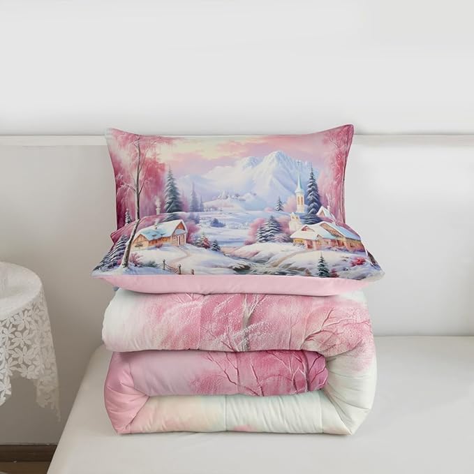 Feelyou Merry Christmas Kids Comforter Set Twin Size Village Barn Bedding Set Winter Snowscape Duvet Quilt for Kids Boys Girls Bedroom Pine Tree Decor Microfiber Ultra Soft Breathable