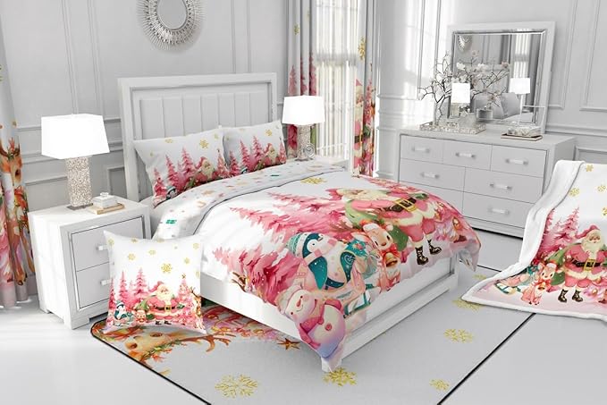 jejeloiu Merry Christmas Comforter Set Full Size Santa Claus Bedding Set for Kids Boys Girls Cute Deer Duvet Quilt White Bedroom Decor
