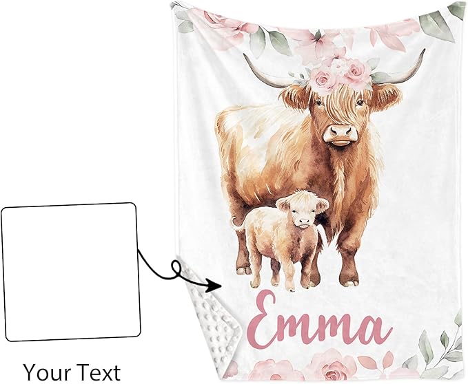 Custom Baby Crib Bedding Set,Personalized Name Pink Highland Cow Pattern Nursery Bed Set 4 Piece,Baby Blanket Fitted Sheet Nursery Rug Wall Art Set,Custom Room Decor Idea Gift for Newborns Boys Girls