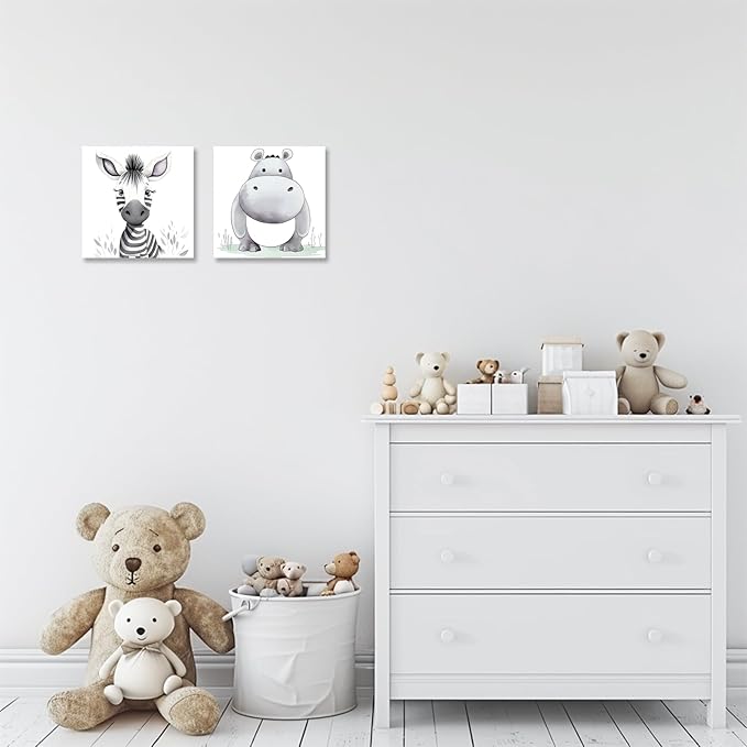 Baby Animal Framed Canvas Wall Art Set of 2 - Cute Baby Zebra Hippo Paintings Pictures Nursery Decor Wild Animals Posters Prints for Living Room Kids Room Decor(Artwork-01, 20"x20"x2P)