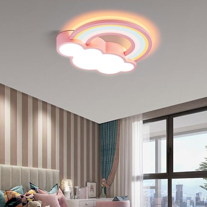 Cute Pink Cloud Rainbow LED Ceiling Light Dimmable Tri-Color Flush Mount Fixture 50CM for Kids Room Girls Bedroom Nursery Playroom Modern Decor Lighting