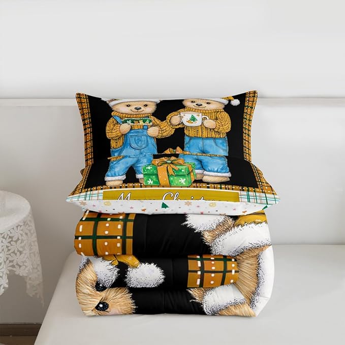 Feelyou Merry Christmas Comforter Set All Season Cute Bear Bedding Set with 2 Pillow Cases Microfiber Kids Queen Bedclothes Winter Bedroom Decor Duvet Quilt Breathable Soft