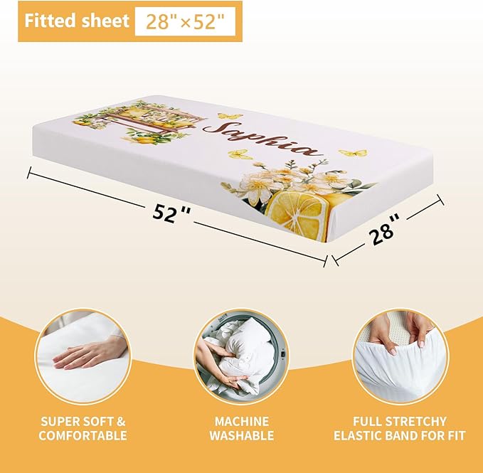 Personalized Baby Crib Bedding Set, 5 Pcs Custom Name Nursery Bedding Set, Lemon Tea Baby Bedding Set for Girls Boys, Double Layer Flannel Baby Crib Set, Toddlers Kids Infants Customized Gifts