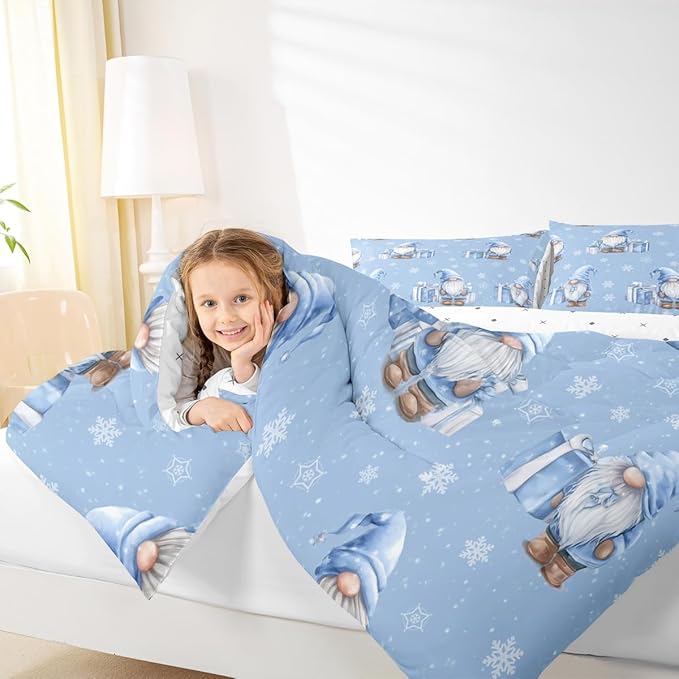 Feelyou Blue Christmas Comforter Set King Size Scandinavian Christmas Santa Gnomes Bedding Set for Kids Boys Girls Xmas Snowflake Duvet Quilt Bedroom Decor 3 Pcs with 2 Pillow Cases