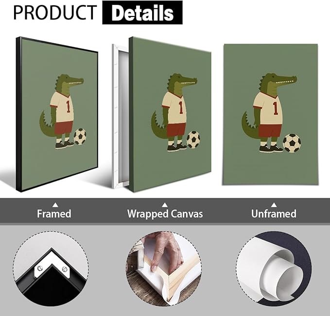 Soccer Posters, Nursery Animal Sports Posters, Long Live Boyhood Inspirational Quote Print, Football Athletes Giraffe Rabbit Crocodile Pictures, Boys Bedroom Sports Artwork 16x24in Wrapped Canvas
