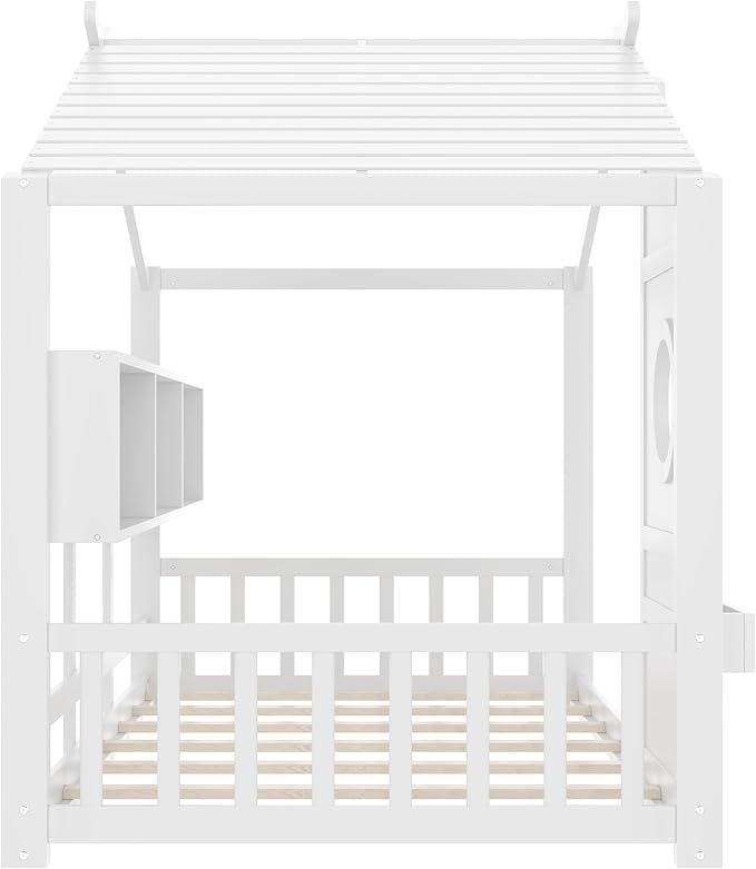 Linique Twin Size Floor Bed Playhouse Design with Storage Shelf, Low Profile Wooden Pitched Roof House Platform Bed Frame,No Box Spring Needed(White)
